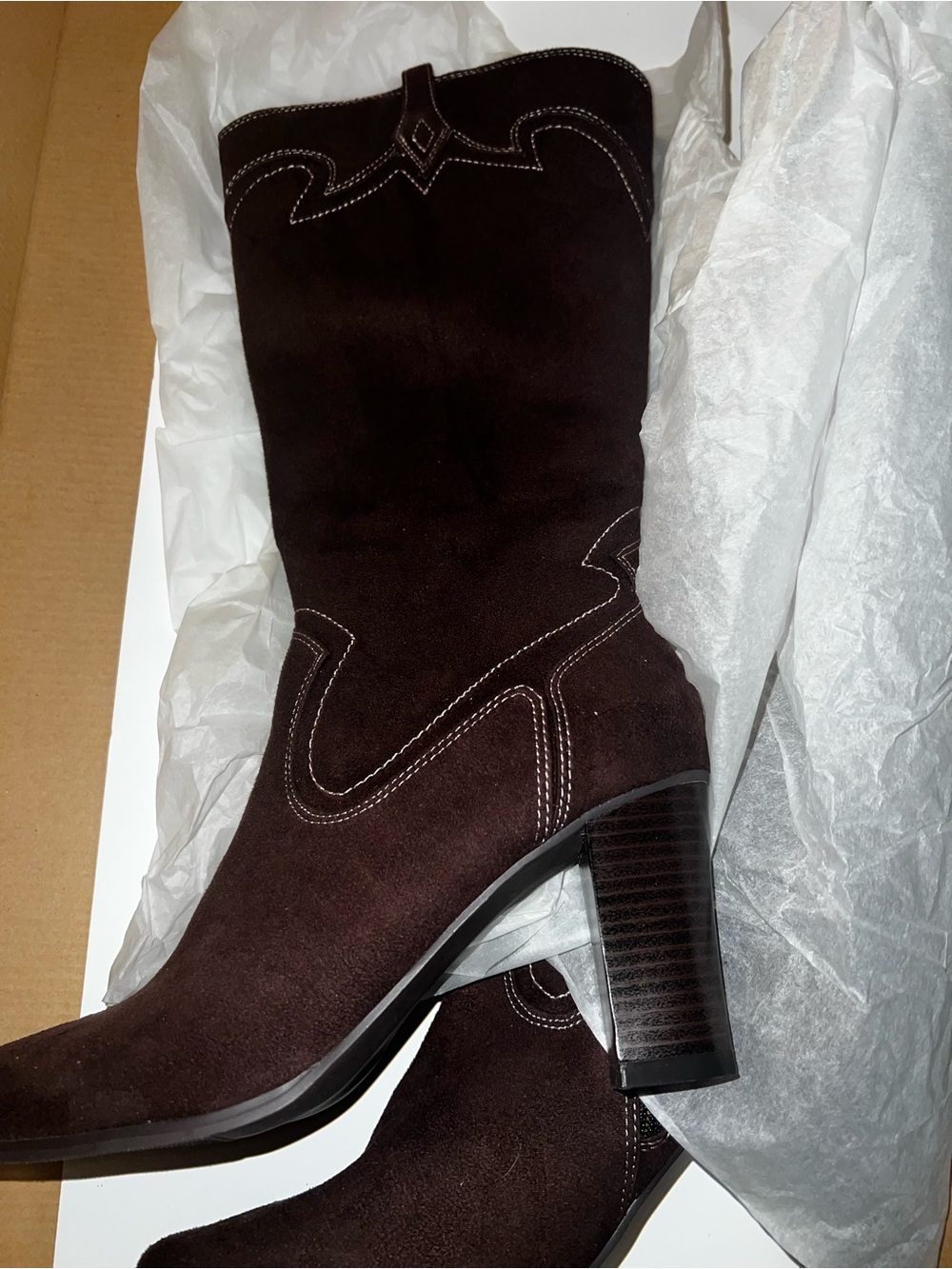 Womenโs Dark Brown Suede Mid-Calf Heeled Boots